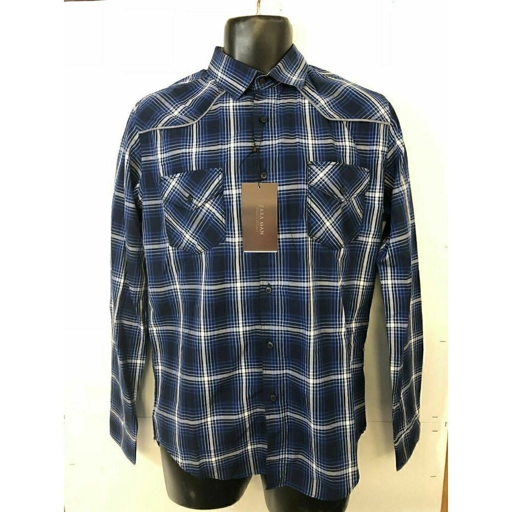 ZARA Man Denim Collection Blue Slim Plaid Shirt M - Picture 3 of 6